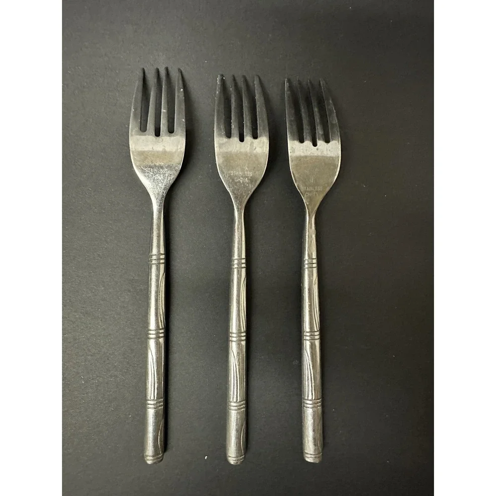 Stainless Flatware Salad Fork Set Of 3 Horizontal Bands Wavy Lines Bamboo-Like